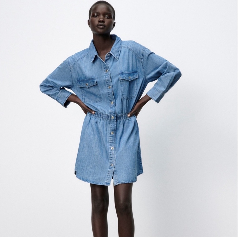 ZARA - THE LAUREN DENIM LONG SLEEVE ELASTIC WAIST SNAP FRONT POCKETS DRE…